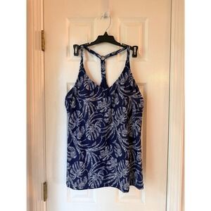 Island Escape Navy White Tropical Palm Leaf T-Back Tankini Swim Top N761263 12